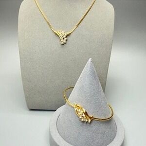 Gold Tone Rhinestone Necklace and Bracelet Set 19" 6.5" Dainty Cocktail Wedding
